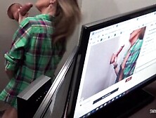 Masked brunette MILF sucking a hard cock through glory hole