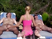 Slim wench uses 2 big schlongs