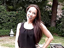 Brunette Kalina Ryu rides cock in reverse cowgirl pose outdoors