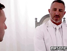 Masonic homo Miles Fallon edged by Oz Dad until Fallon cumes all over himself! The old stud begins teasing the unshaved twink bu