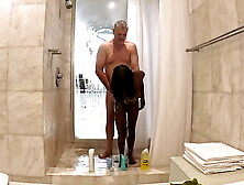 Sexy Black Milf takes a hot steamy shower with white sugar daddy at his penthouse