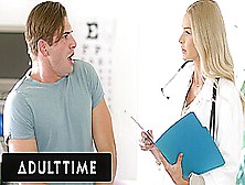 Adult Time - Dirty Doctor Emma Hix Swallows Her Patient's Dick After Catching Him Jerking Off!