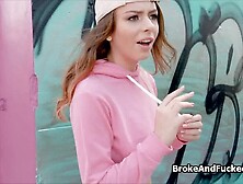 Cute brunette in pink top on my cock outdoors