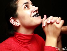 Cfnm - Red Turtleneck,  Black Lips - Handjob + Cum Mouthful + Cum On Clothes