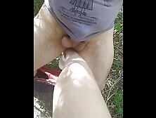 Outdoor Ballbusting in the Forrest Kicks Slow Motion & Squirt