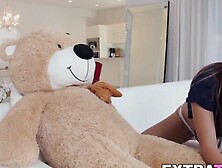 Ginger petite rides strapon teddy bear before riding dick