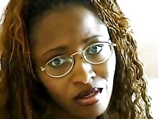 Sexy black girl in glasses gives head and gets drilled by a white guy