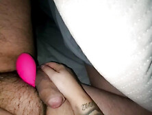 Step Son With Vibrator Lush On His Dick Recive A Handjob From His Step Mom