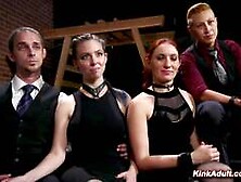 Submissive MILF and babe tormented at swinger orgy party