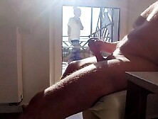 Dickflash In A Hotel Where A Maid Comes Through The Balcony And Gets Cum On Her Tits