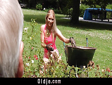 Hot blonde seduce oldman and suck his old rod