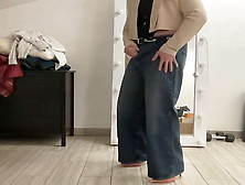 Office Tranny In Wide Leg Palazzo Flared Jeans,  Shirt Body And Crop Jacket Masturbating To Be Trained To Cum In Office