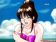 Hentai gets vibrator in her pussy and sucking cocks in the beach