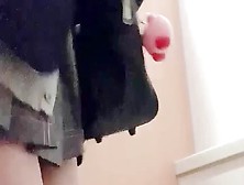 【私立校3年♡自撮りです！】某家電量販店のところで制服の下にエッチな水着着て太ももには変態シール、、スカートめくりながら歩いてトイレに入って水着はだけてオナニーしました