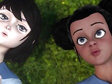 Two busty babes are kissing and scissoring in 3D cartoon