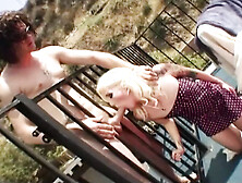 Catching the blonde sweetie masturbating in her backyard ends with a deep,  meaty butt-sex cream-pie