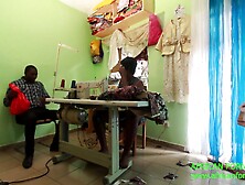 Exhibition of a public bang in the sewing workshop of a charming seamstress with her client that that babe enjoys jerking off hi