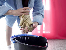 Maid Washes The Floor Peeking Panties Close-Up