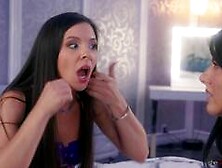 Milana Ricci talks Sienna Rae in to lesbian sex on a white and blue patterned bed