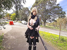 Goth Whore Flashing By A Busy Road And On A Golf Course