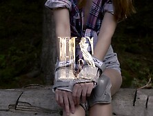 Topless skating babe in daisy duke shorts strips to fully naked rollerblading lady