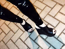 Public Crossdressing - Latex Leggings And Platform Wedges