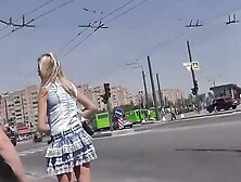 Hot upskirt during a tram ride
