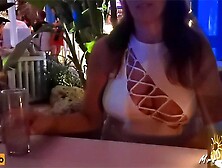 Milf in bar has gigantic tit exposed,  nipple in plain sight