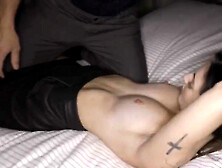 Hot brunette spreading her long legs for a tall lad