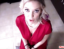 Blonde stepmoms hands are tied and she is ready to suck