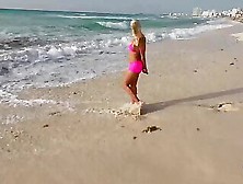 Busty Blonde Trans In A Pink Bikini And Booty Shorts