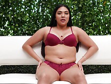 Chubby busty Latina teen babe Layloni strips on the casting couch
