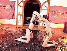 Brunettes Playing in Oil - Two Topless Hotties in Oily Duel