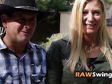 Swinger ladies are topless in a volleyball game. They get more and more confident over time.