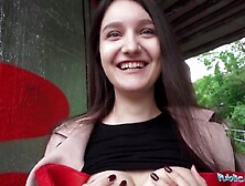 Brunette euro cutie 19yr college student with natural breasts and red lingerie fucked outdoors in POV hookup