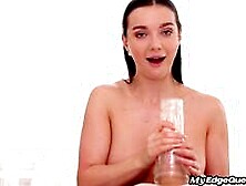 Edging busty oiled babe wanking POV cock with fleshlight