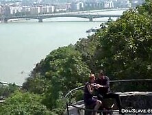 Blonde slave disgraced outdoors and group fucked in public