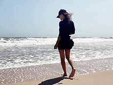 Me- Teen Girl Fingering Shaved Pussy on the Seashore Beach,  Outdoor,  Solo Mastirbation
