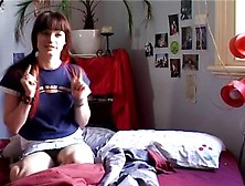 Hairy teen strips and shows her goods (18+)