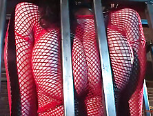 Lady with giant tits in a cage gets to blow cock before she is released