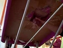 Relaxing massage table hole handjob cum while watching a movie