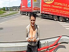 Hot Brunette Sucks A Truck Drivers Cock In A Parking Lot