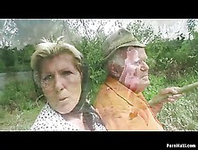 Grandpa fucks busty granny and teen outdoor