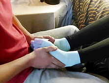 Stepsister treats me to a footjob,  and I explode on her socks!
