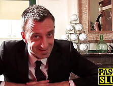 Babe with gigantic boobies lets maledom treat her like slave