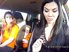 Buxom Red-Haired Has Ffm Threeway In Car