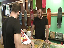 Bound In Public.  Horny Crowd Jumps On A Ripped Stud In A Skate Shop