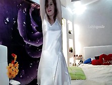 Stunning Red-Head Dance Tease In Satin White Dress With Transparent Panties