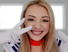 A petite blonde is cosplaying and then gets roughed up