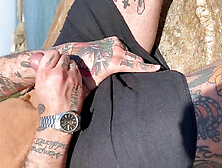 Tattooed guy gives himself a handjob in the great outdoors